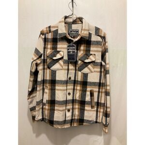 Distortion Mens Plaid Flannel Shirt Jacket Tan Black Cream Button Up Small NEW